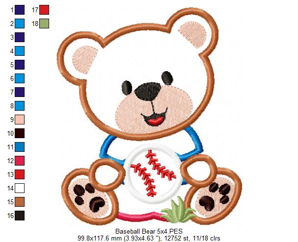Baseball Teddy Bear 🧸⚾ – Applique - Machine Embroidery Design