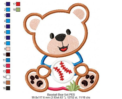 Baseball Teddy Bear 🧸⚾ – Applique - Machine Embroidery Design