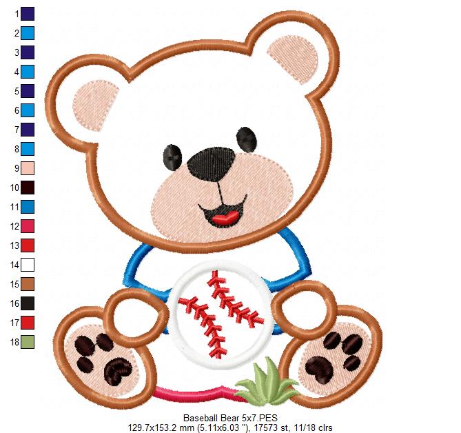 Baseball Teddy Bear 🧸⚾ – Applique - Machine Embroidery Design