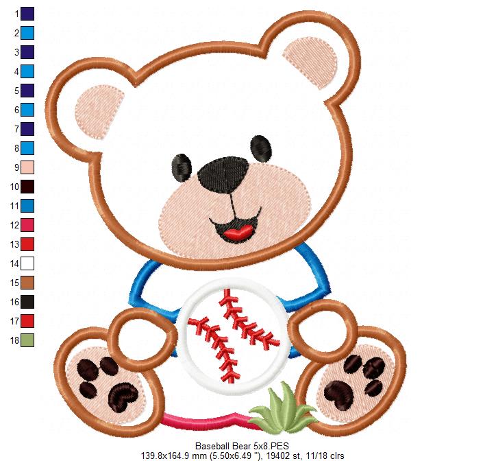 Baseball Teddy Bear 🧸⚾ – Applique - Machine Embroidery Design