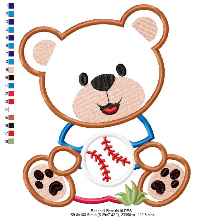 Baseball Teddy Bear 🧸⚾ – Applique - Machine Embroidery Design