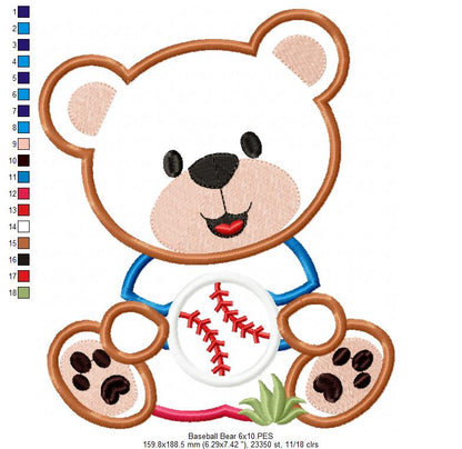 Baseball Teddy Bear 🧸⚾ – Applique - Machine Embroidery Design
