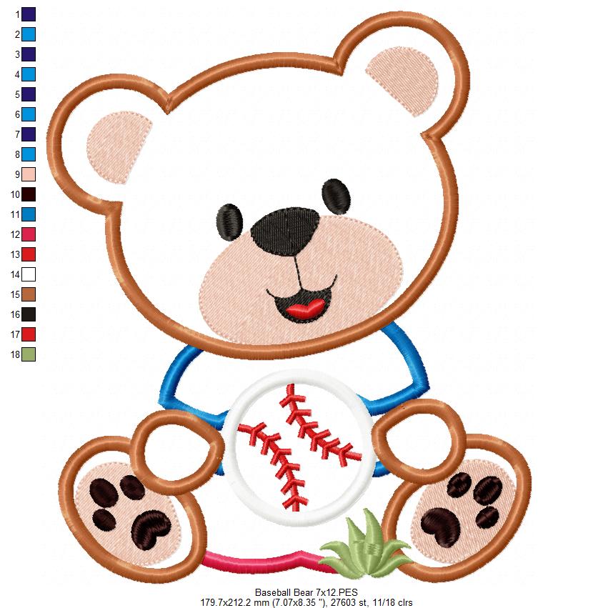 Baseball Teddy Bear 🧸⚾ – Applique - Machine Embroidery Design