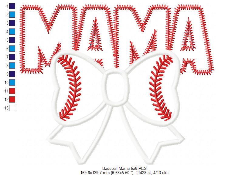 Baseball Mama - Applique - Machine Embroidery Design