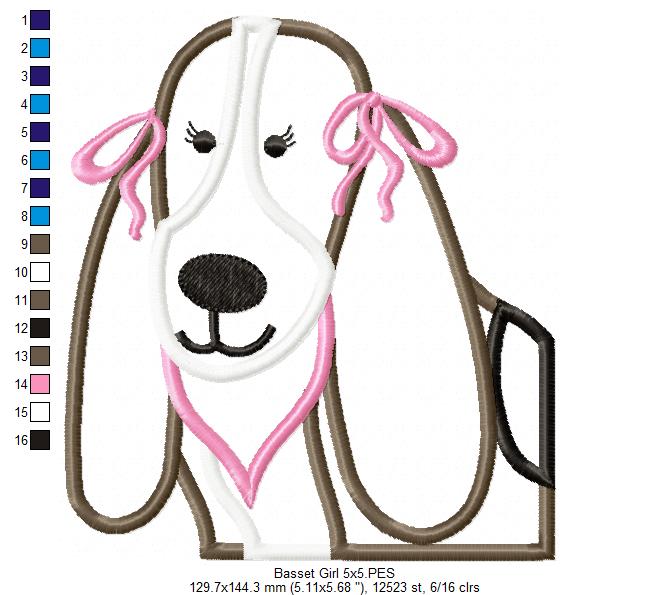 Basset Dog Girl - Applique - Machine Embroidery Design