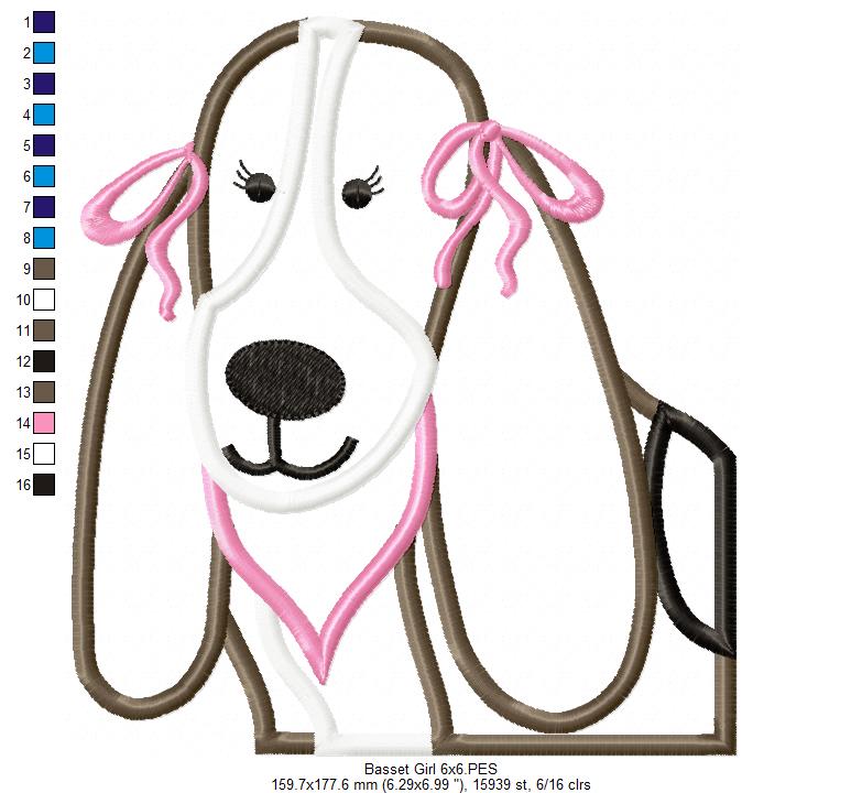 Basset Dog Girl - Applique - Machine Embroidery Design
