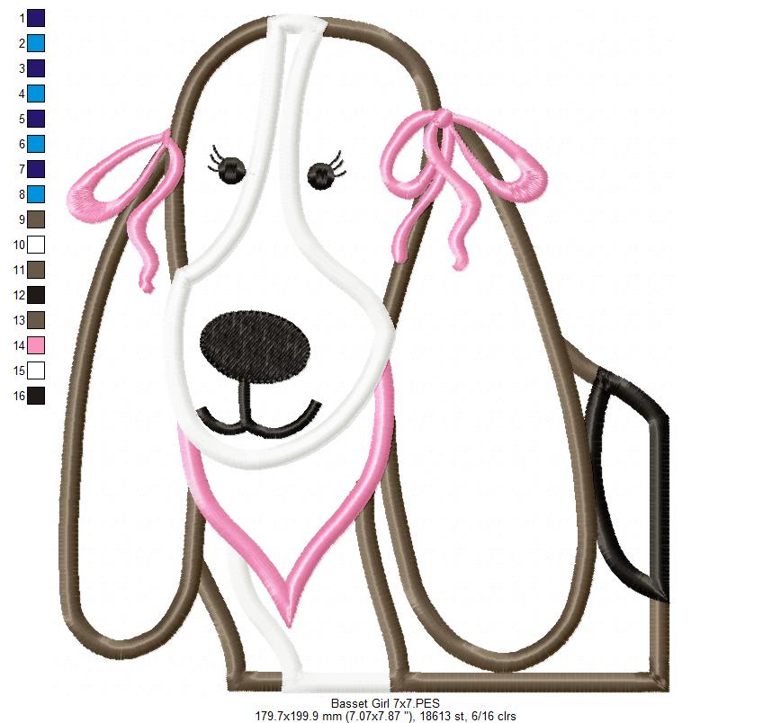 Basset Dog Girl - Applique - Machine Embroidery Design