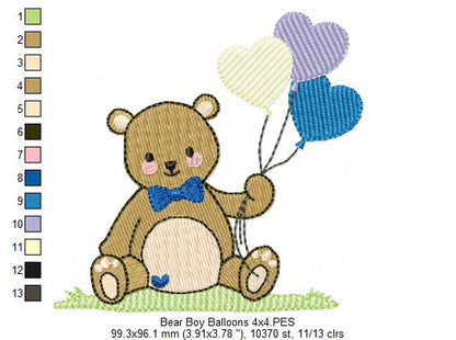 Teddy Bear Boy and Girl with Balloons - Fill Stitch - Set of 2 designs