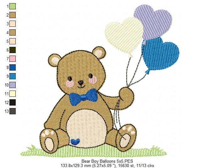 Teddy Bear Boy with Balloons - Fill Stitch