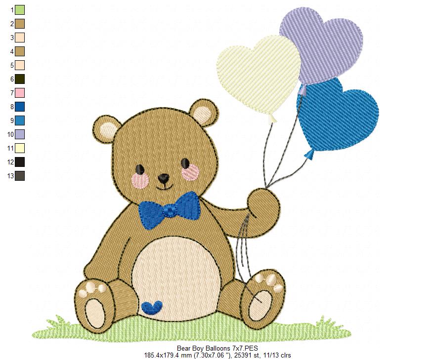 Teddy Bear Boy with Balloons - Fill Stitch