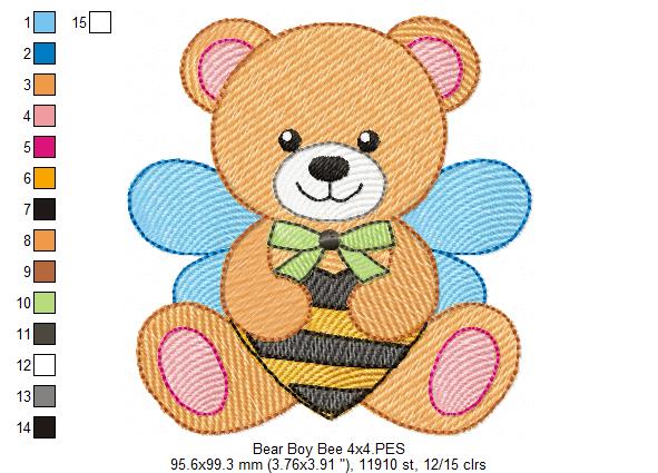 Teddy Bear Boy Bee - Rippled Stitch - Machine Embroidery Design