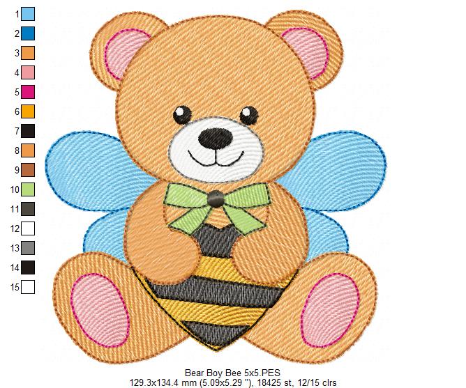 Teddy Bear Boy Bee - Rippled Stitch - Machine Embroidery Design