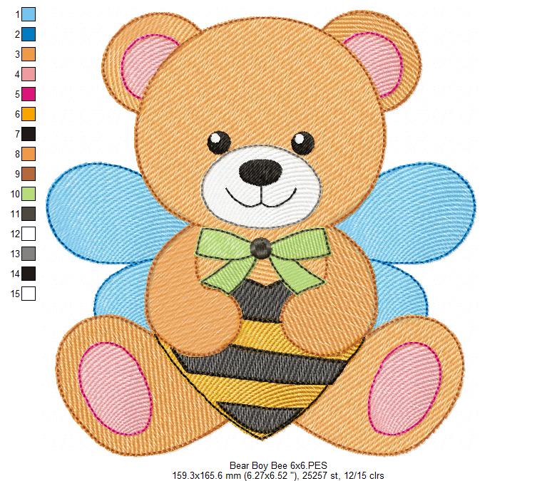 Teddy Bear Boy Bee - Rippled Stitch - Machine Embroidery Design