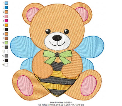 Teddy Bear Boy Bee - Rippled Stitch - Machine Embroidery Design