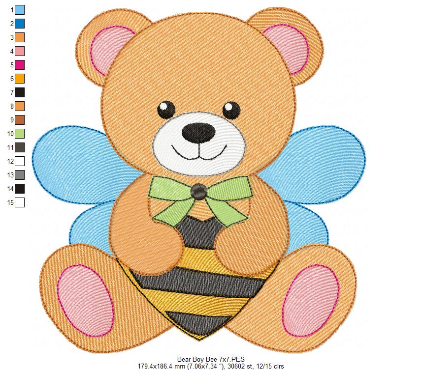Teddy Bear Boy Bee - Rippled Stitch - Machine Embroidery Design