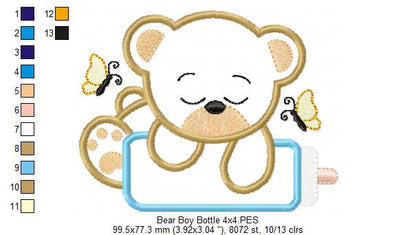 Baby Bear Boy and Girl with Feeding Bottle - Applique - Set of 2 designs
