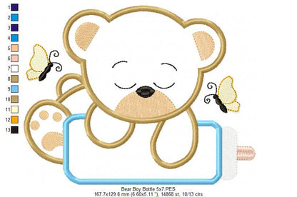 Baby Bear Boy with Feeding Bottle - Applique - Machine Embroidery Design