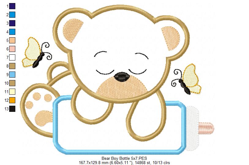 Baby Bear Boy and Girl with Feeding Bottle - Applique - Set of 2 designs