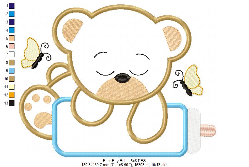 Baby Bear Boy with Feeding Bottle - Applique - Machine Embroidery Design