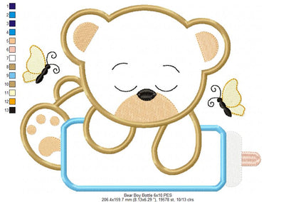 Baby Bear Boy with Feeding Bottle - Applique - Machine Embroidery Design