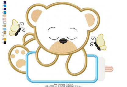 Baby Bear Boy with Feeding Bottle - Applique - Machine Embroidery Design