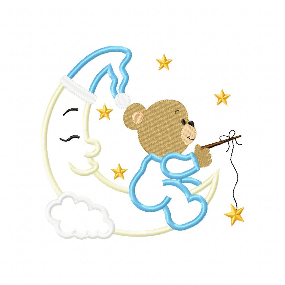 Bear Boy on the Moon Fishing Stars - Aplique - Machine Embroidery Design