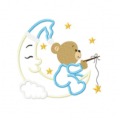 Bear Boy on the Moon Fishing Stars - Aplique - Machine Embroidery Design