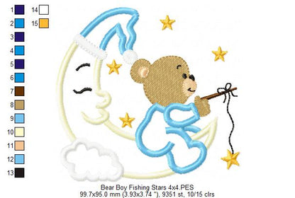 Bear Boy and Girl on the Moon Fishing Stars - Aplique - Set of 2 Designs - Machine Embroidery Design