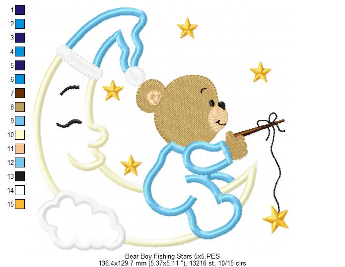 Bear Boy on the Moon Fishing Stars - Aplique - Machine Embroidery Design