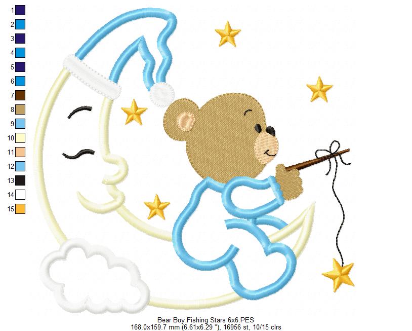 Bear Boy and Girl on the Moon Fishing Stars - Aplique - Set of 2 Designs - Machine Embroidery Design
