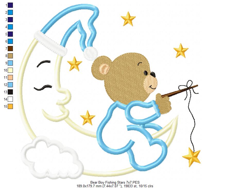 Bear Boy and Girl on the Moon Fishing Stars - Aplique - Set of 2 Designs - Machine Embroidery Design