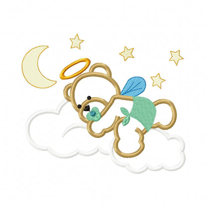 Angel Bear Boy on the Cloud - Aplique - Machine Embroidery Design
