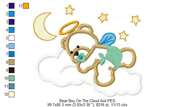 Angel Bear Boy on the Cloud - Aplique - Machine Embroidery Design