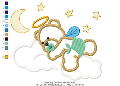 Angel Bear Boy on the Cloud - Aplique - Machine Embroidery Design