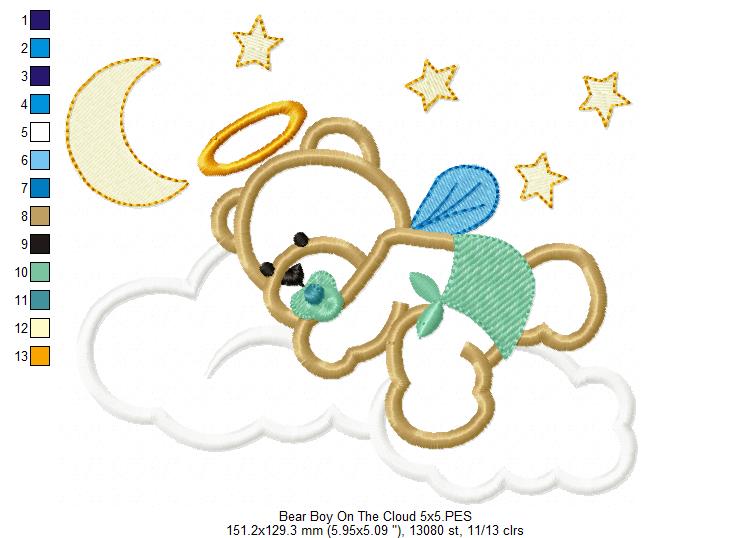 Angel Bear Boy and Girl on the Cloud - Aplique - Set of 2 Designs - Machine Embroidery Design