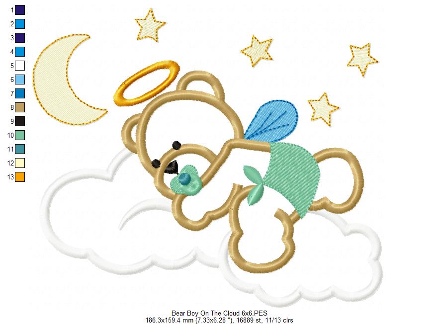 Angel Bear Boy on the Cloud - Aplique - Machine Embroidery Design
