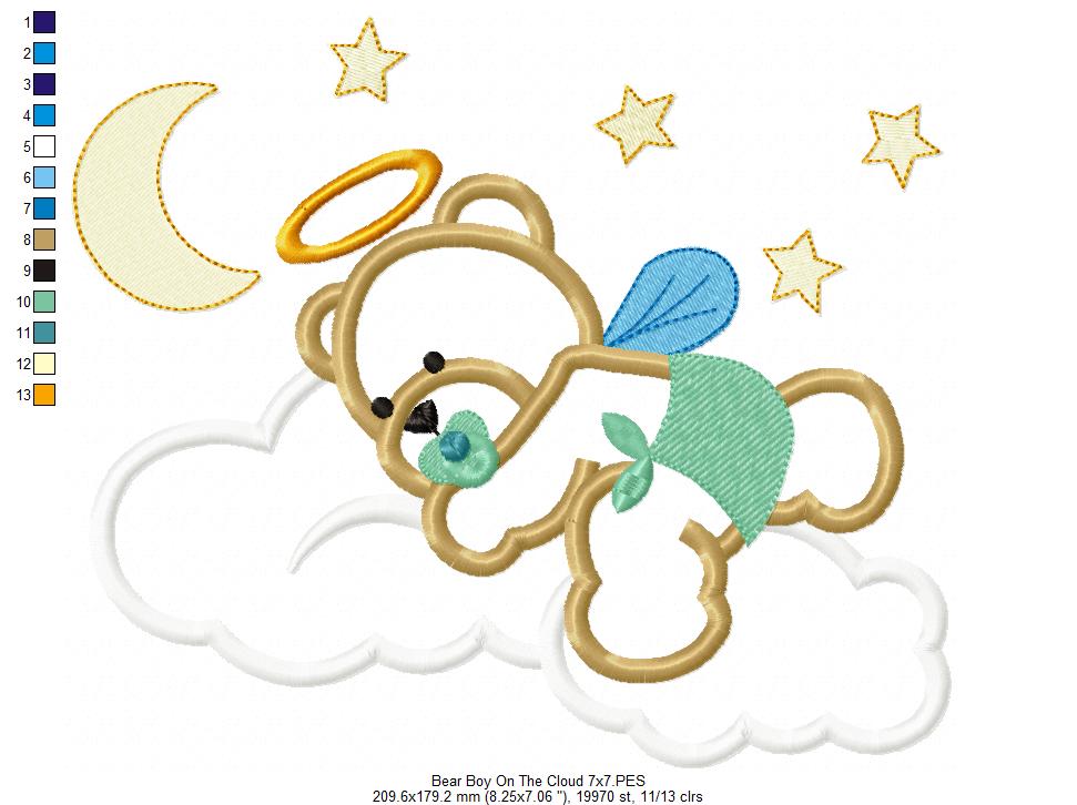 Angel Bear Boy on the Cloud - Aplique - Machine Embroidery Design
