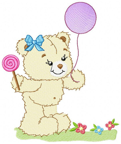 Baby Teddy Bear Girl with Balloon and Lolipop - Fill Stitch