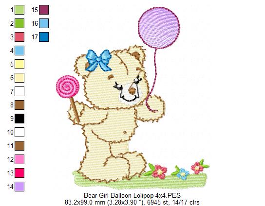 Baby Teddy Bear Girl with Balloon and Lolipop - Fill Stitch