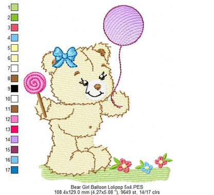 Baby Teddy Bear Girl with Balloon and Lolipop - Fill Stitch