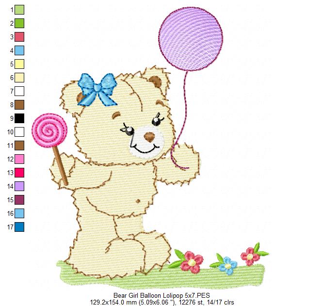 Baby Teddy Bear Girl with Balloon and Lolipop - Fill Stitch