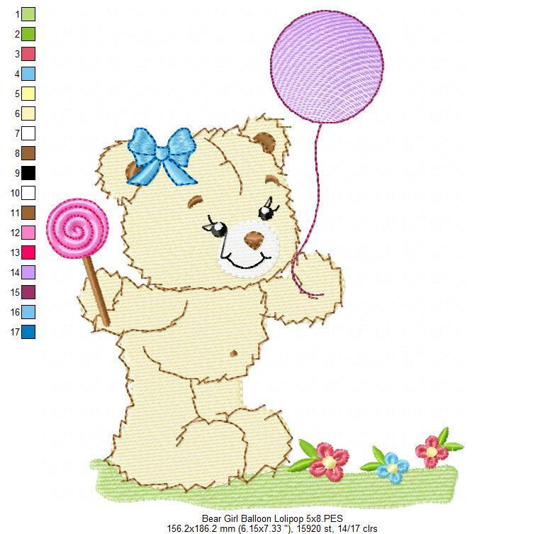 Baby Teddy Bear Girl with Balloon and Lolipop - Fill Stitch