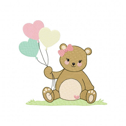 Teddy Bear Girl with Balloons - Fill Stitch