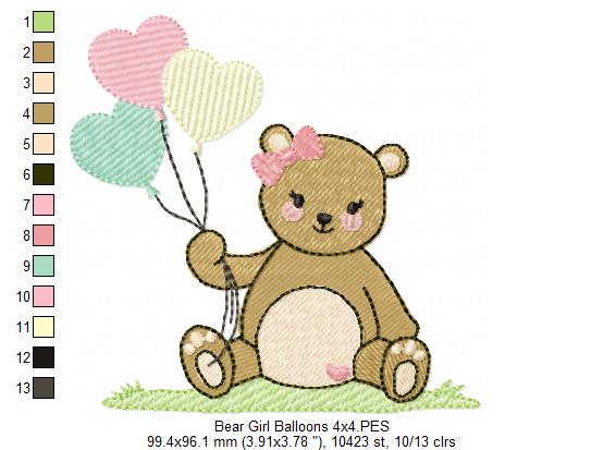 Teddy Bear Girl with Balloons - Fill Stitch