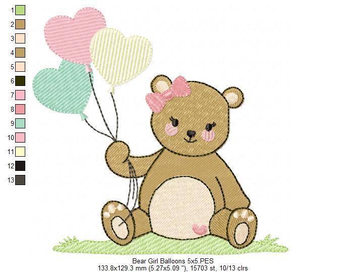 Teddy Bear Boy and Girl with Balloons - Fill Stitch - Set of 2 designs