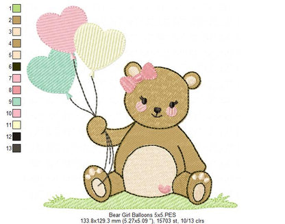 Teddy Bear Boy and Girl with Balloons - Fill Stitch - Set of 2 designs