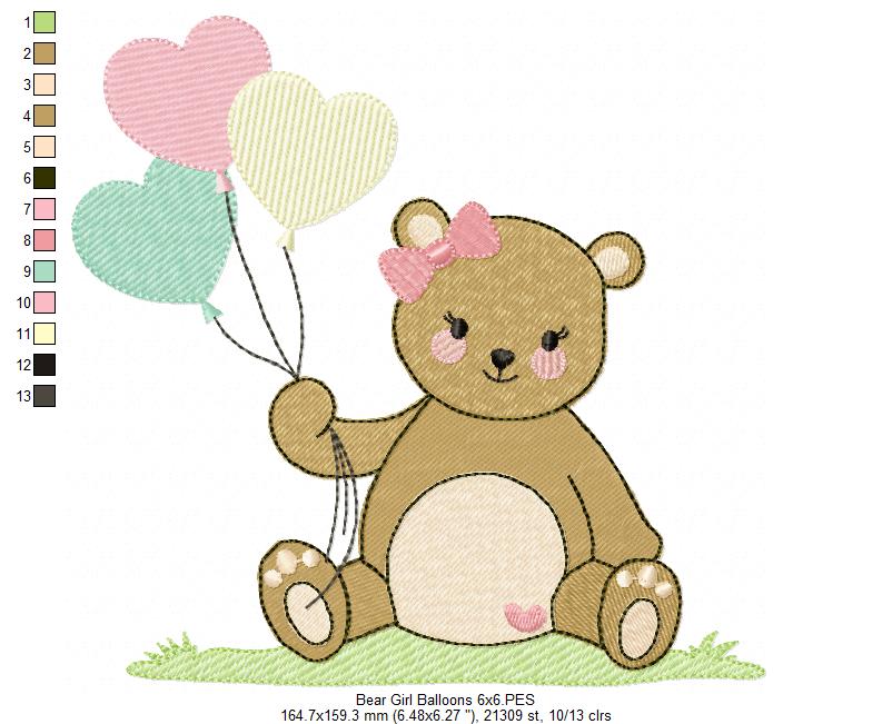 Teddy Bear Girl with Balloons - Fill Stitch