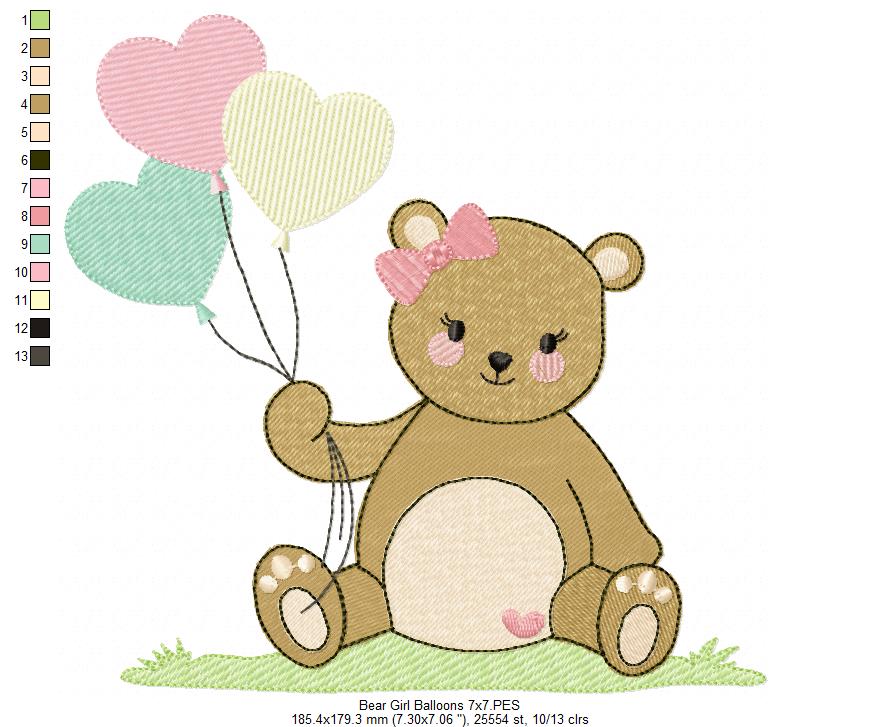 Teddy Bear Girl with Balloons - Fill Stitch