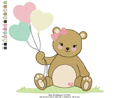 Teddy Bear Boy and Girl with Balloons - Fill Stitch - Set of 2 designs