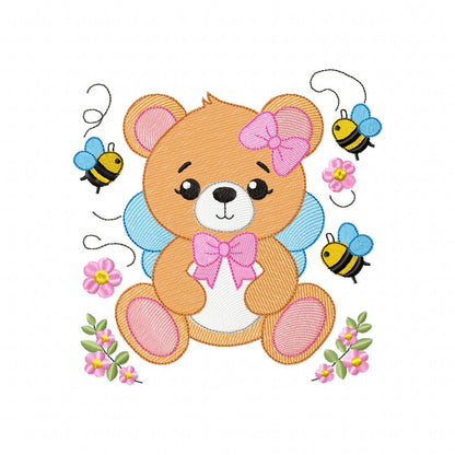 Teddy Bear Girl and Bees - Rippled Stitch - Machine Embroidery Design